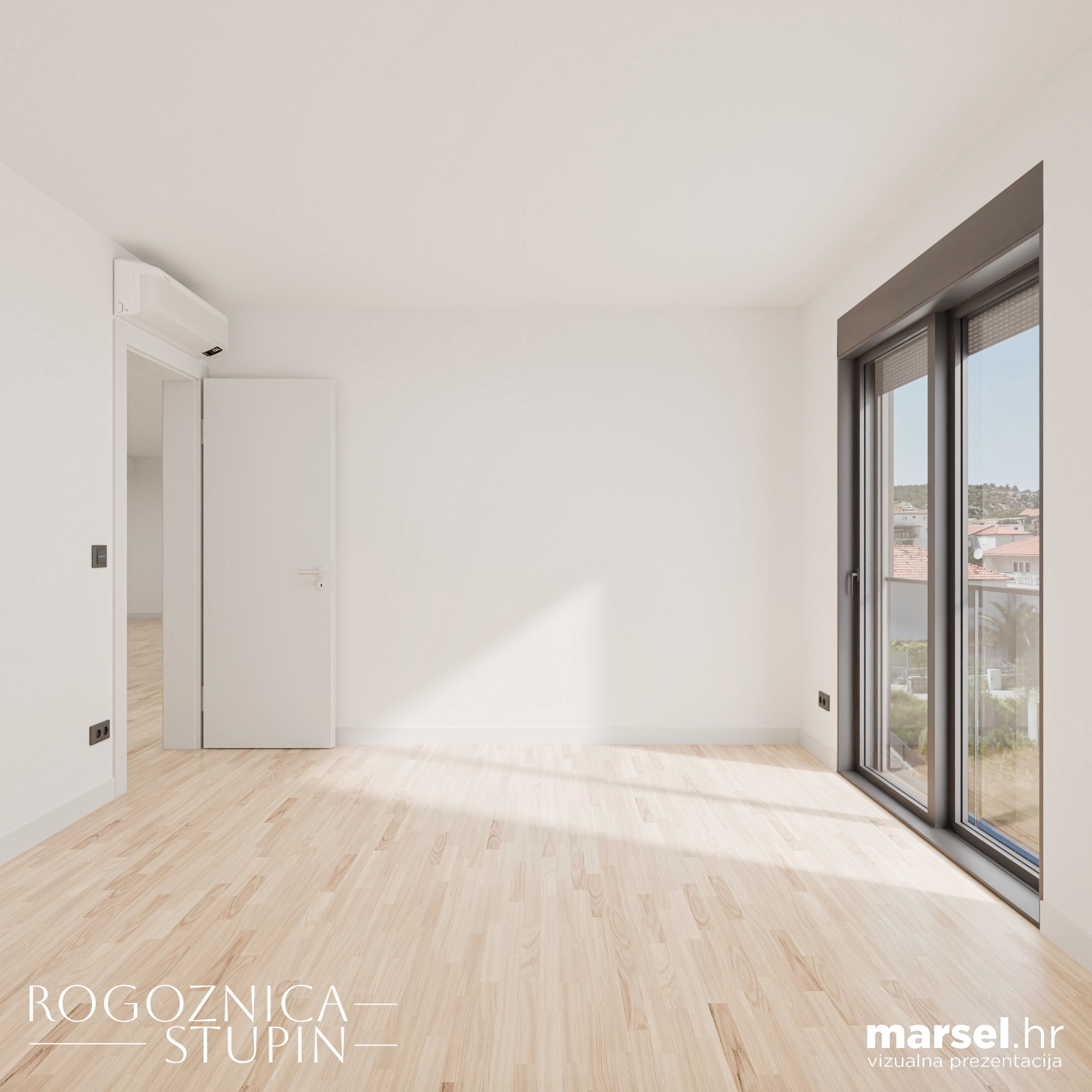 Vizualizacija interijera apartmana u novogradnji Rogoznica Stupin. Prostrani i svijetli unutarnji prostori s pogledom na more, idealni za stanovanje ili investiranje u apartman na dalmatinskoj obali.